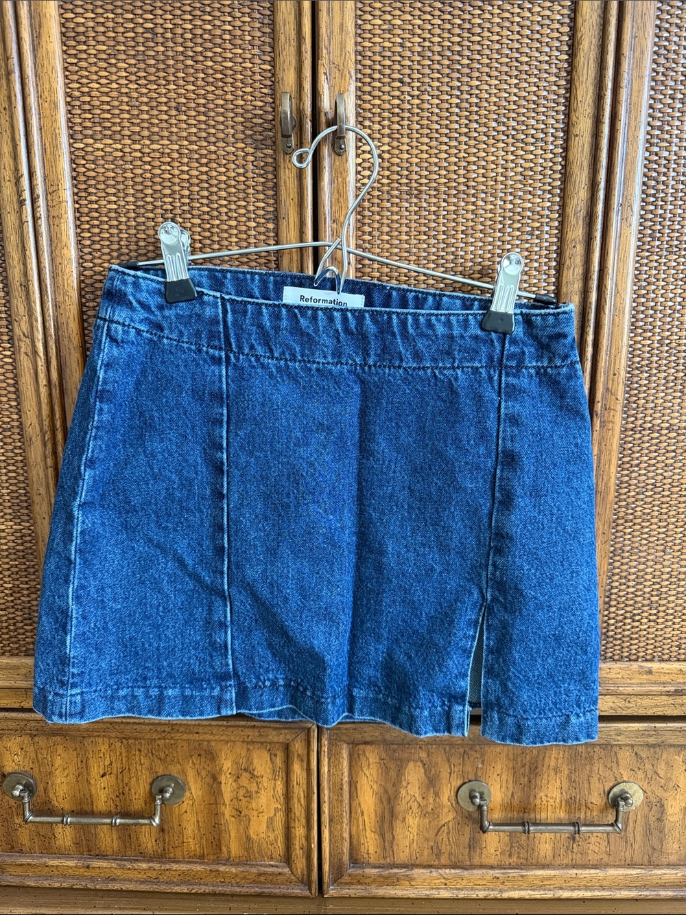 Reformation Dark Blue Denim Mini Skirt with Front Slit